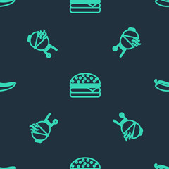 Set line Burger, Barbecue grill and Hot chili pepper pod on seamless pattern. Vector