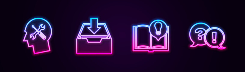 Set line Human head service, Download inbox, Interesting facts and Question and Exclamation. Glowing neon icon. Vector