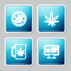 Set line Stop marijuana, Marijuana or cannabis leaf, Cup tea with and Online buying icon. Vector