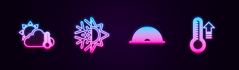 Set line Thermometer and cloud, sun, Sun snowflake, Rainbow and Meteorology thermometer. Glowing neon icon. Vector