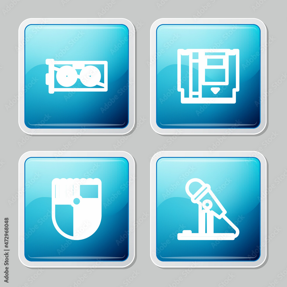 Sticker Set line Video graphic card, Cartridge, Shield for game and Microphone icon. Vector