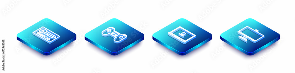 Poster Set Isometric line Create account screen, Gamepad, Laptop and Computer monitor icon. Vector