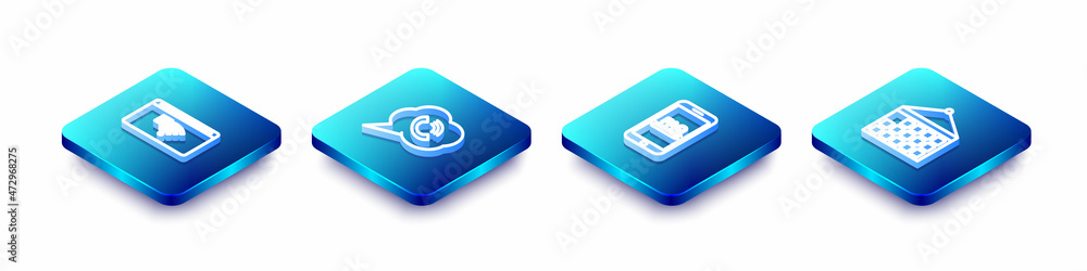 Poster set isometric line no internet connection, speech bubble with phone call, mobile faq information and