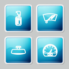 Set line Gear shifter, Windscreen wiper, Car mirror and Speedometer icon. Vector