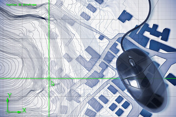 Imaginary cadastral map of territory with buildings and roads dr