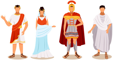 Fototapeta na wymiar Citizens of ancient rome in traditional costumes set, legionary, roman woman, plebeian, emperor flat vector illustration. Ancient historical characters wearing in authentic clothes cartoon rome people