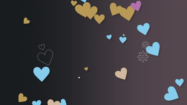 Fly colorful hearts and flowers, holidays and party style background