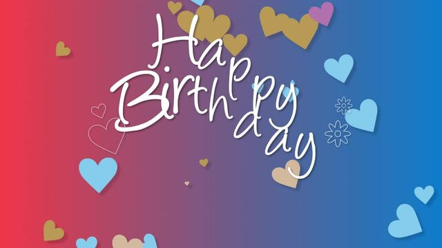 Happy Birthday with gold and blue hearts with flowers, holidays and party style background