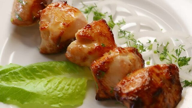 Chicken barbecue shish kebab for dinner. Nice grilled meat food