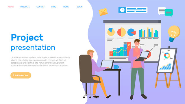 Work with statistics, business development research. Employees working with business data analysing. Men make presentation of project. Website for busines presentations landing page template