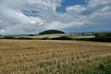 Abgeerntetes Getreidefeld im Spätsommer mit kleinem Berg im Hintergrund
