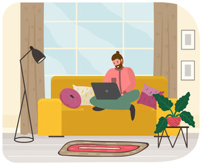 Distance learning, freelance and internet entertainment. Man sitting with laptop on sofa at home. Remote work, online freelancing, internet surfing concept. Interior design of room for work