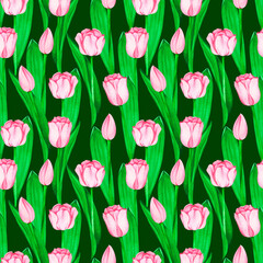 Pink tulips seamless pattern. Watercolor vintage illustration. Isolated on a dark green background.