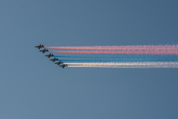 Russia. July 25, 2020. SU-25 combat aircraft fly over Kronstadt with the flag of the Russian...