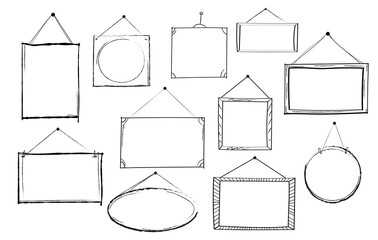 Hand drawn set of open and closed door sign frame and borders. Doodle sketch style. Shop door or window open label template. Cut out isolated vector illustration for your banner design. Pen brush