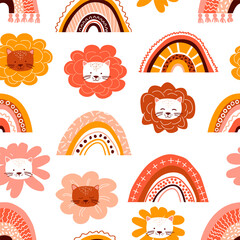 Rainbow seamless pattern. Boho style with lines, dots, fringed. Cute cats - flowers. Abstract Vector background. Childish print