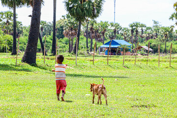 犬と散歩するカンボジアの子ども