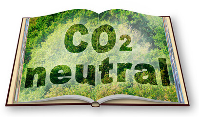 CO2 Neutral text - 3D rendering opened photobook concept against a forest backgound