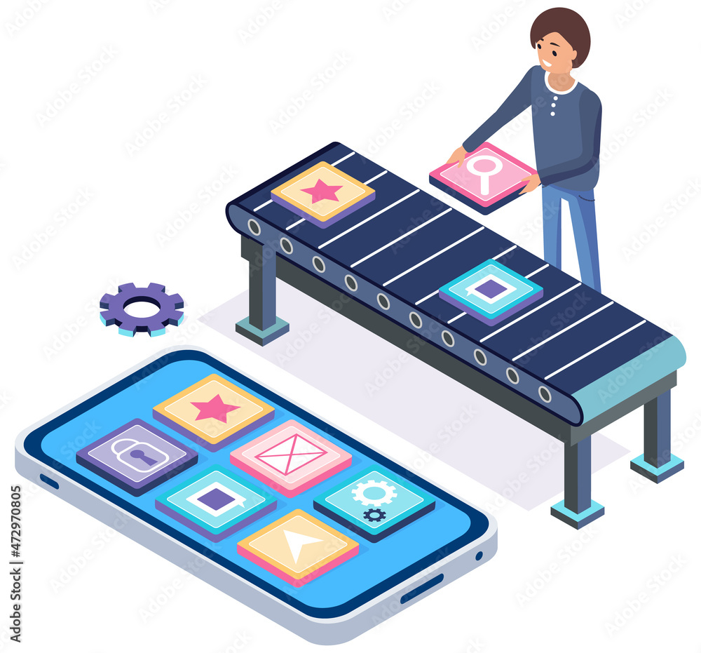 Poster man checks files passing on tape, program conveyor. developer analyzes icons, colored squares. conve