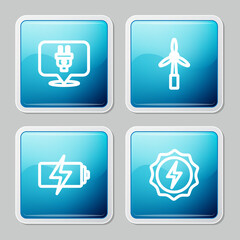 Set line Electric plug, Wind turbine, Battery and Lightning bolt icon. Vector