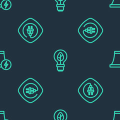 Set line Light bulb with leaf, Electric plug and Nuclear power plant on seamless pattern. Vector