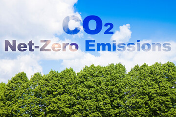 CO2 Net-Zero Emission concept against a forest - Carbon Neutrality concept