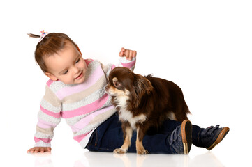 small baby girl and her chihuahua dog posing on white background