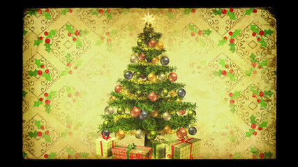 Christmas tree 3D illustration. Old-fashioned grunge style vintage postcard. Digitally created.