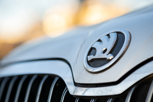 Verona, Italy - June 12, 2019: Close up of skoda logo sign on a new car.