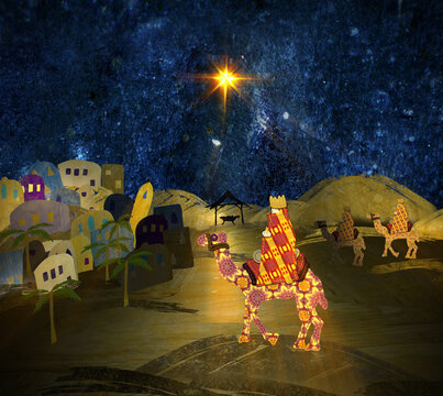 Silent Night. Christmas nativity illustration. Also available as an animation - search for 197529859 in Videos. Mixed media collage style. A star shines above Bethlehem and the Three Kings on camels.	
