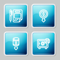 Set line Contract money and pen, Dollar rate decrease, Drop in crude oil price and Safe icon. Vector