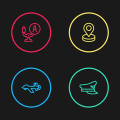 Set line UAV Drone, Pilot hat, Location and Aircraft steering helm icon. Vector