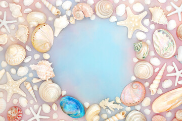 Seashell border with large collection of shells on rainbow coloured sky cloud background. Abstract...