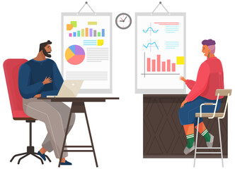 Teamwork, negotiations, brainstorming in office concept. Young business partners, office workers discussing projects statistics or startup development together. Work with statistics, data analysis