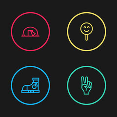 Set line Sneakers, Peace symbol, Smile face and Tourist tent icon. Vector