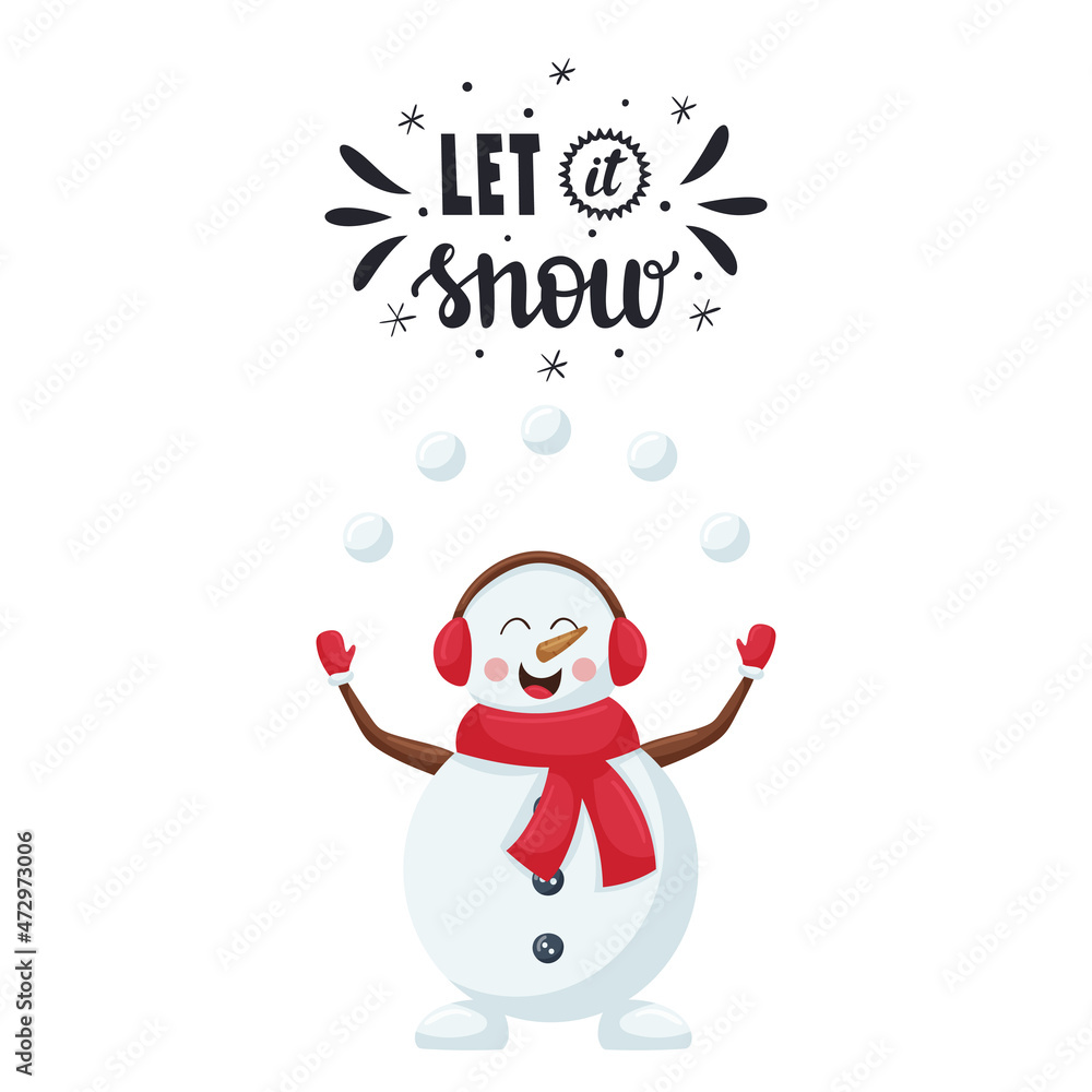 Fototapete a postcard with a joyful, smiling christmas snowman in a red scarf juggling snowballs. hand letterin