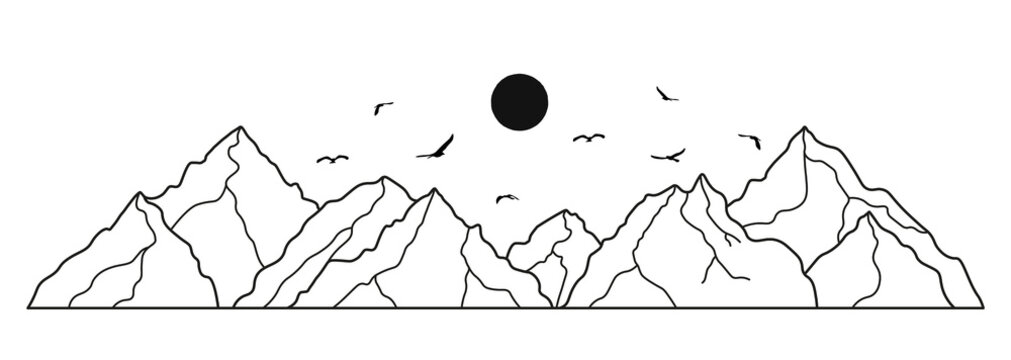 Premium Vector | Mountain with pine trees and landscape black on white  background. hand drawn rocky peaks in sketch style. vector illustration.