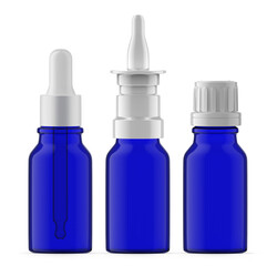 Set of 15 ml Blue Glass Bottles. Nasal spray, Essential Oil and Dropper Bottle. Isolated