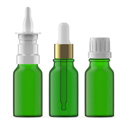 Set of 15 ml Green Glass Bottles. Nasal spray, Essential Oil and Dropper Bottle. Isolated