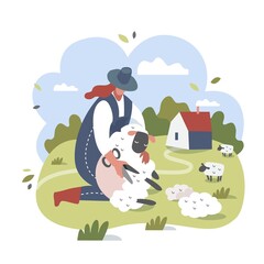A female farmer shearing sheep, a flat vector character. Wool production. Animal husbandry, domestic animal husbandry isolated vector concept Shearer, farm worker, cutting merino wool.
