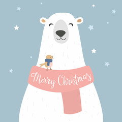 White northern bear in scarf with little bird with lettering Merry Christmas  greeting card 