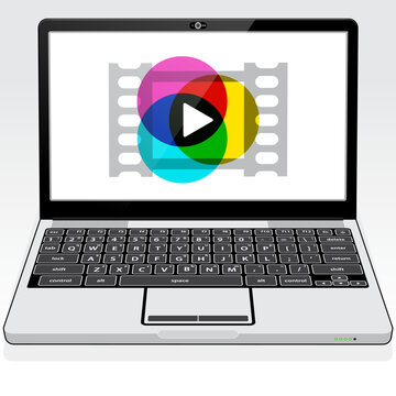 A laptop PC wireless connected presenting streaming movies and music content on screen from across the world using an entertaining media app installed on its system.