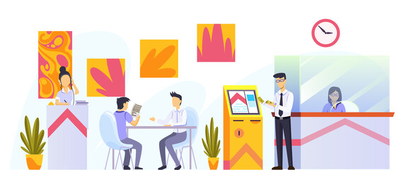 Bank office interior design. Modern financial center with customer, assistant offering personal and business help for clients, inside room view. Banking service, finance manager and client