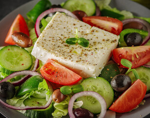 Greek salad with fresh vegetables, feta cheese and black olives. Macro, close up