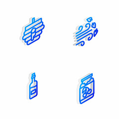 Set Isometric line Windy weather, Hive for bees, Bottle of wine and Jam jar icon. Vector