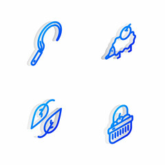 Set Isometric line Hedgehog, Sickle, Leaf and Basket and food icon. Vector