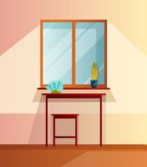 Kitchen interior cartoon  illustration. Home cooking room with wooden dining table and chair near the window. Appliances for home