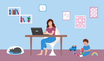 Mother works at home remotely with laptop. Baby toddler playing with toys on floor. Young woman working and sitting at table. Cat sleeping. Home interior. Vector flat illustration
