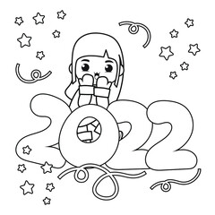 Happy new year coloring book with cute girl