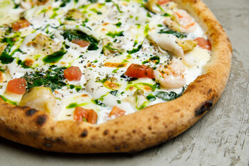 pizza with seafood, salmon